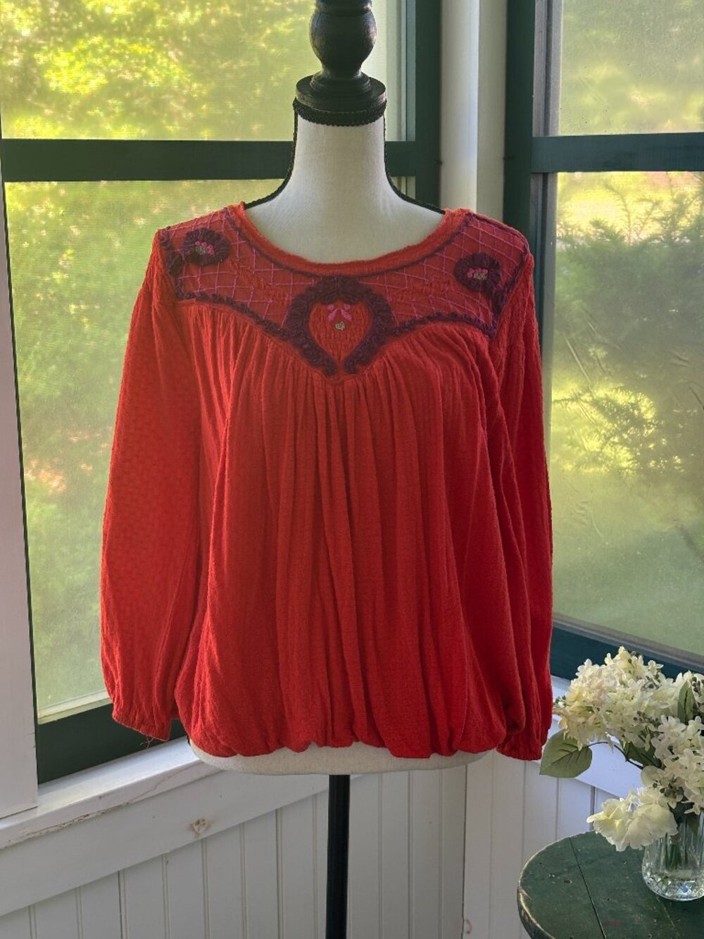 Free People Boho 3/4 Sleeve Top Red Purple Gold Size Small Like New